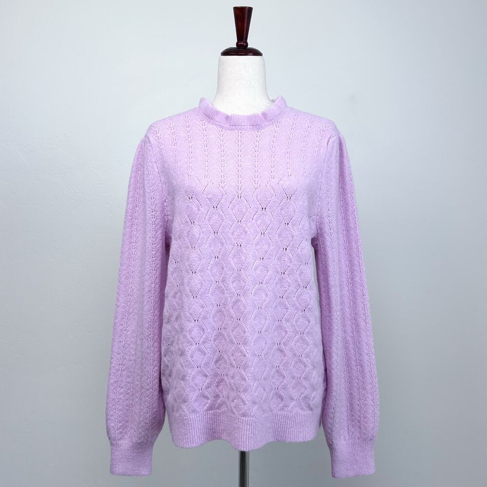 Ann Taylor LOFT Pink Pointelle Knit Ruffle Neck Feminine Puff Sleeve Sweater NWT